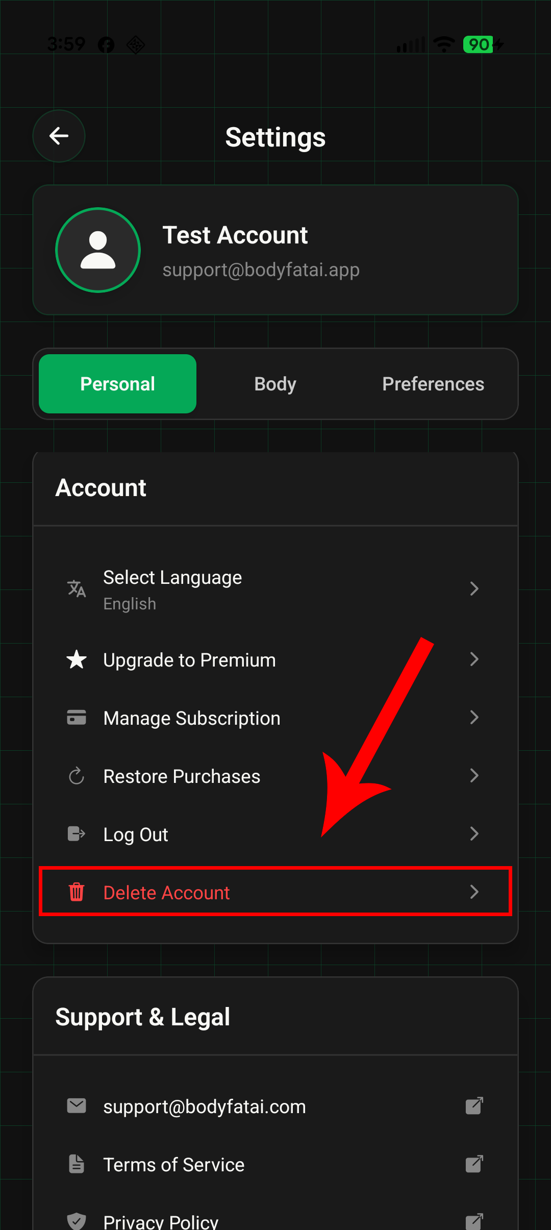 Navigate to Delete Account option